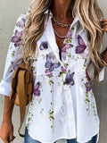 Lapel Floral Print Long-Sleeved Ladies Shirt