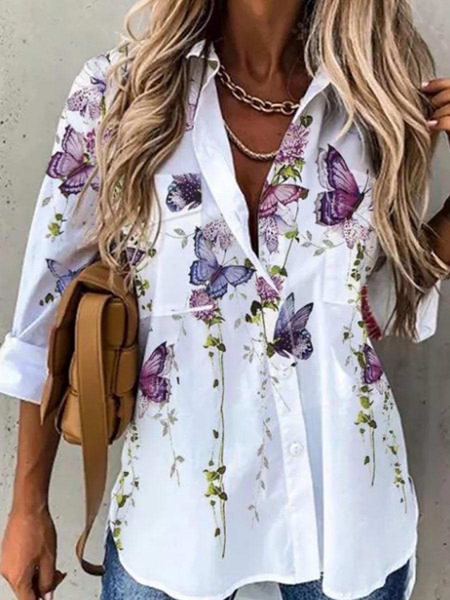 Lapel Floral Print Long-Sleeved Ladies Shirt