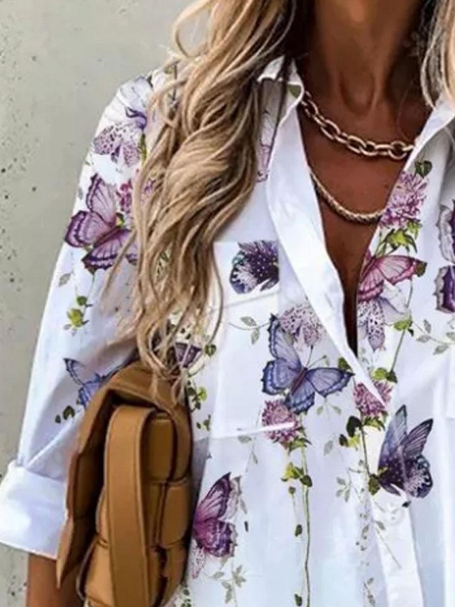 Lapel Floral Print Long-Sleeved Ladies Shirt