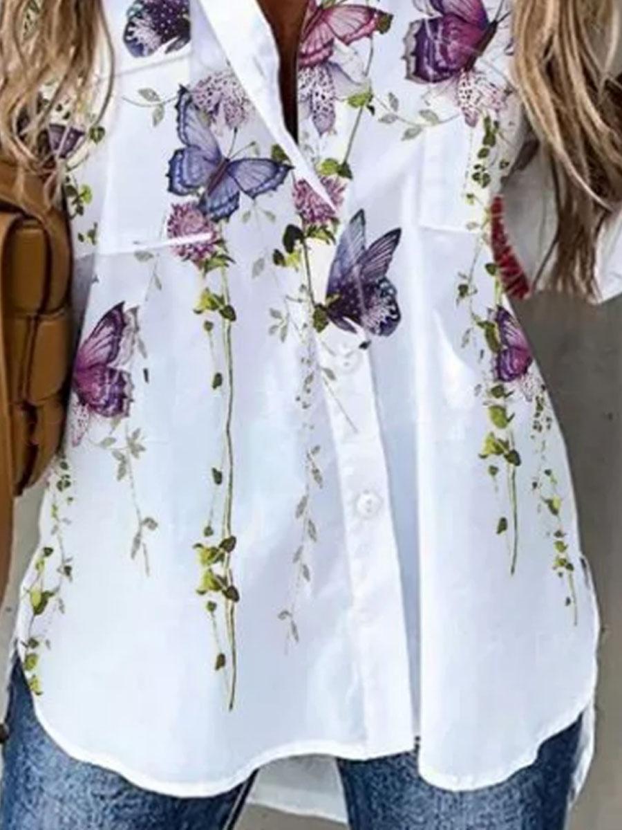 Lapel Floral Print Long-Sleeved Ladies Shirt