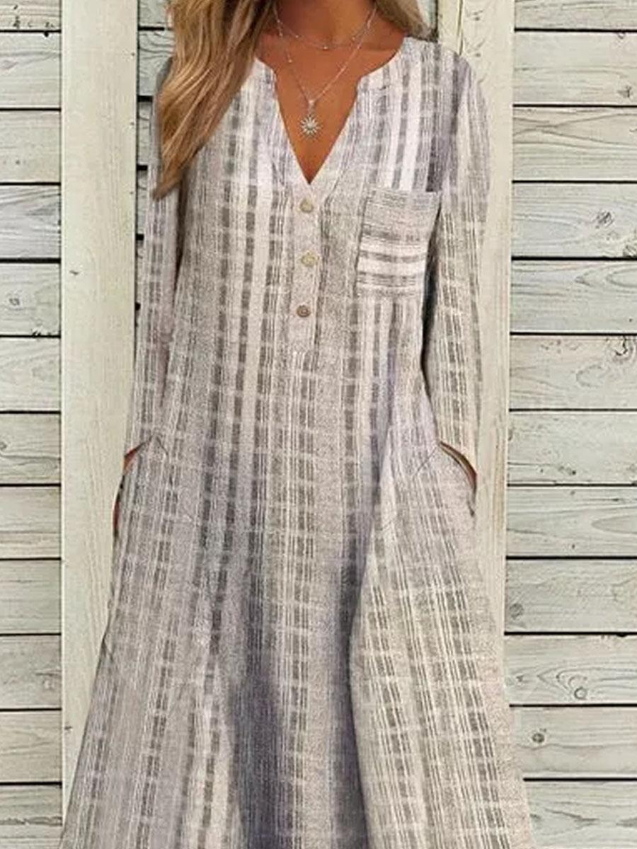 Plaid Printed V-neck Casual Long-sleeved Maxi Dress
