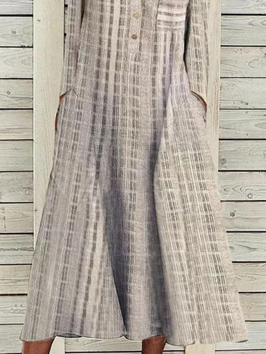 Plaid Printed V-neck Casual Long-sleeved Maxi Dress