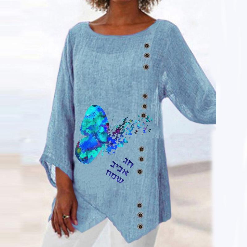 Fashion Round Neck Long Sleeve Butterfly Print Top