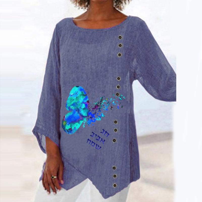 Fashion Round Neck Long Sleeve Butterfly Print Top