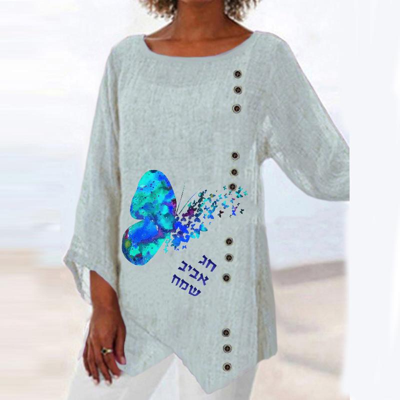 Fashion Round Neck Long Sleeve Butterfly Print Top