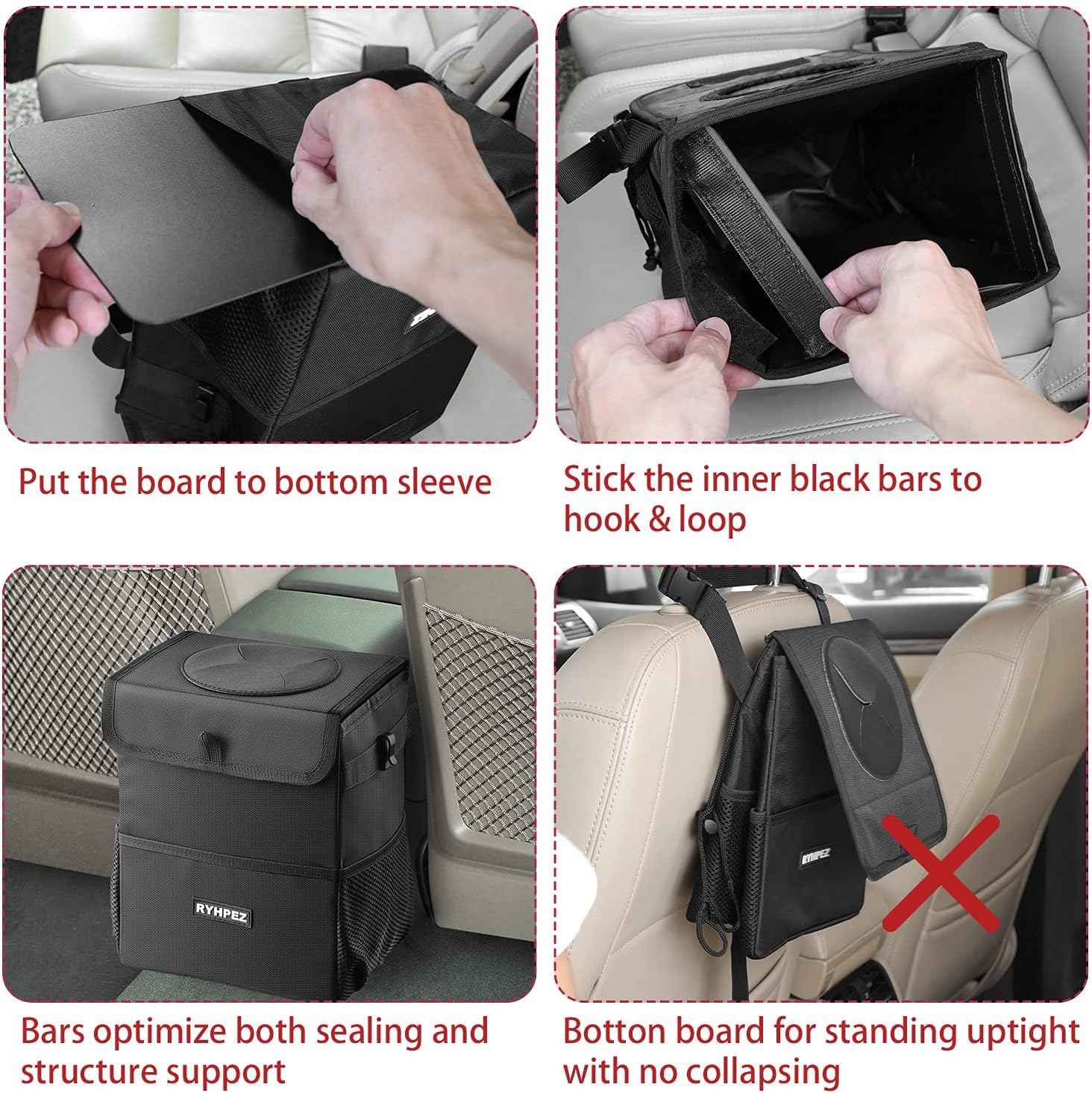 Ryhpez Car Trash Can with Lid - Car Trash Bag Hanging with Storage Pockets, Leakproof Collapsible Garbage Can with Solid Structure Support (Upgraded Version)