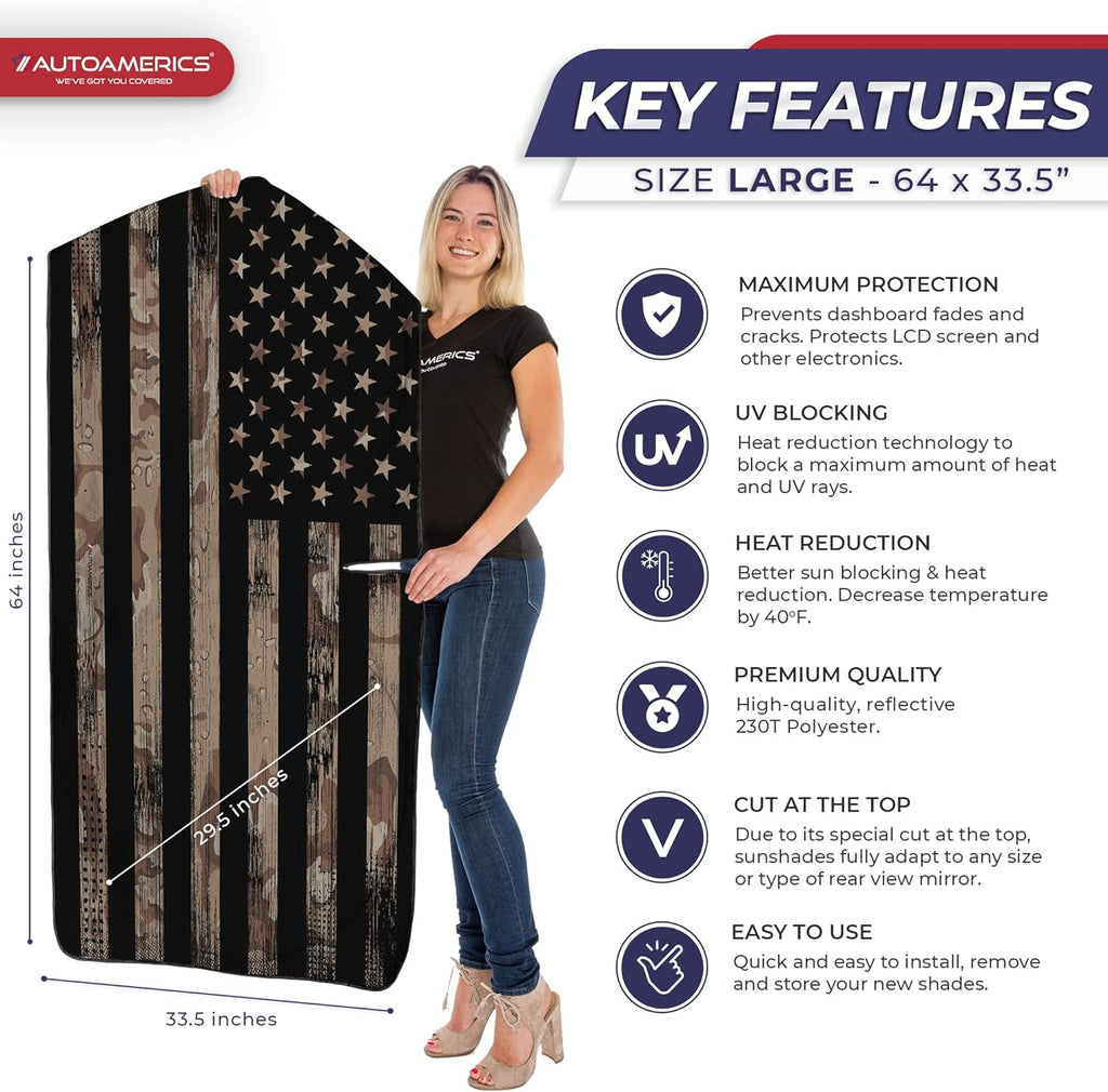 Autoamerics 1-Piece Windshield Sun Shade Brown Camo American Flag USA  - Foldable Car Front Window Sunshade for Most Sedans SUV Truck - Blocks Max UV Rays and Keeps Your Vehicle Cool - Large