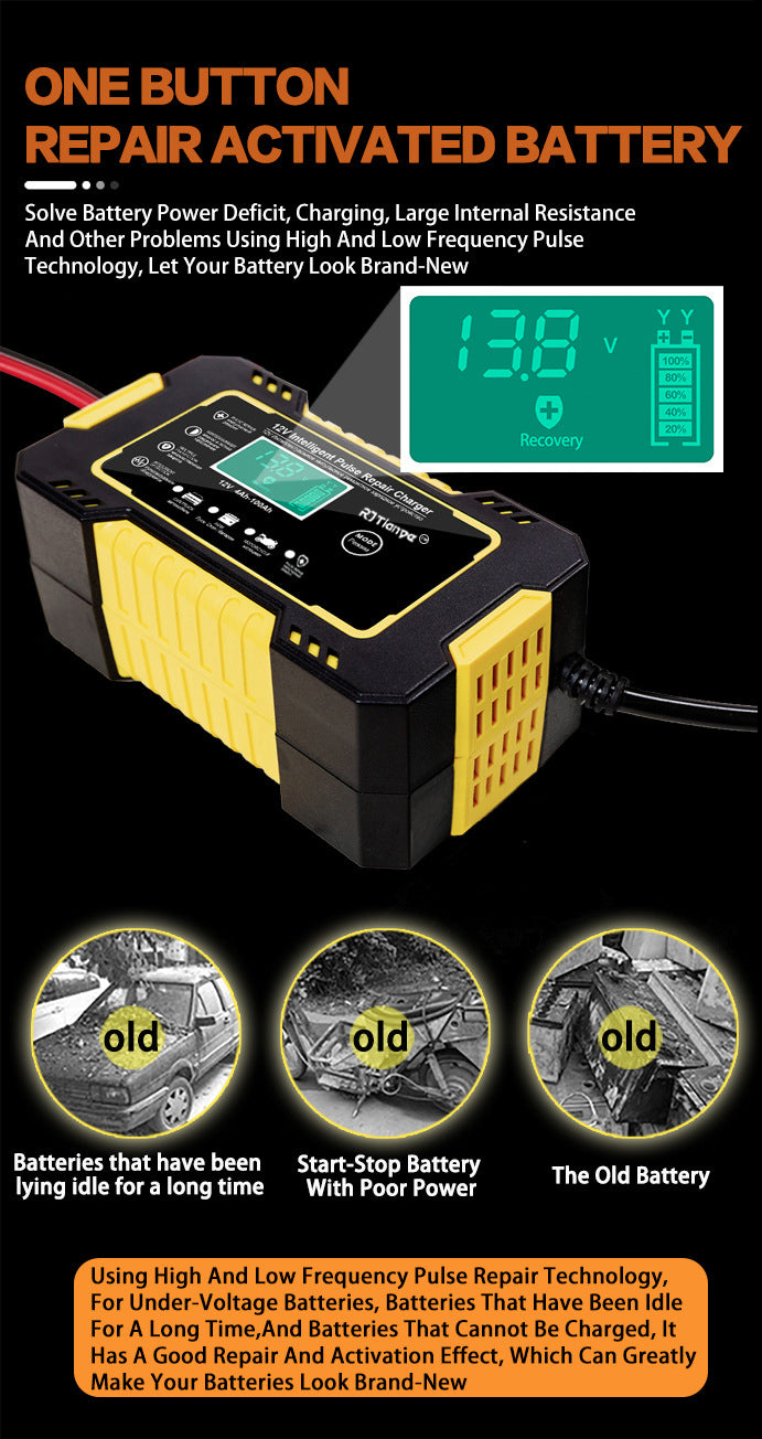 Car Battery Charger 12V 6A Pulse Repair LCD Display Smart Fast CharAGM Deep Cycle GEL Lead-Acid Charger For Auto Motorcycle