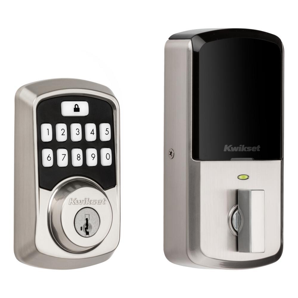 Aura Satin Nickel Single Cylinder Electronic Bluetooth Keypad Smart Lock Deadbolt featuring SmartKey Security