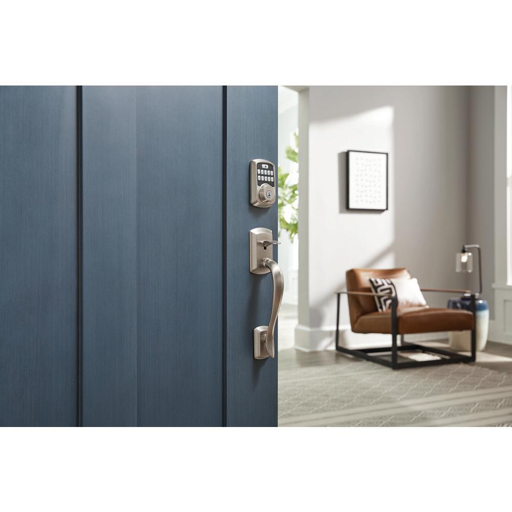 Aura Satin Nickel Single Cylinder Electronic Bluetooth Keypad Smart Lock Deadbolt featuring SmartKey Security