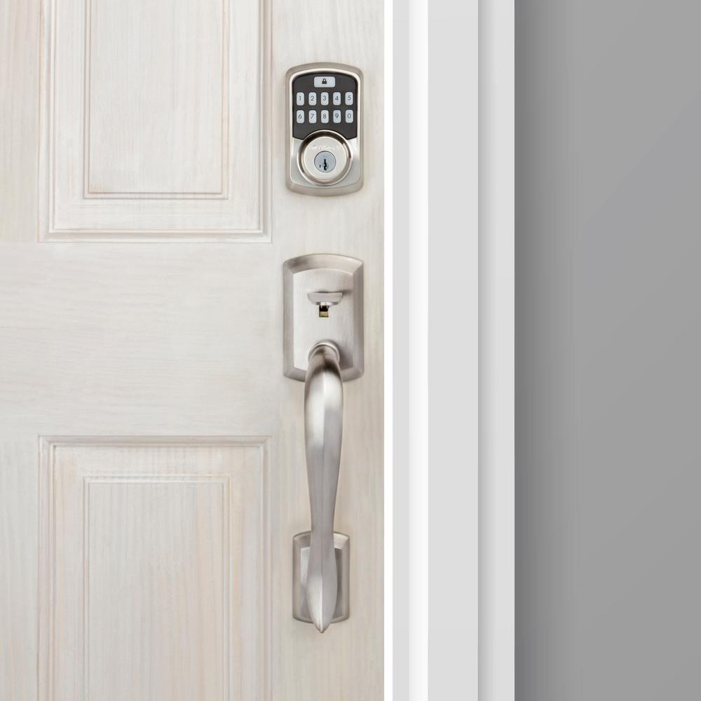 Aura Satin Nickel Single Cylinder Electronic Bluetooth Keypad Smart Lock Deadbolt featuring SmartKey Security