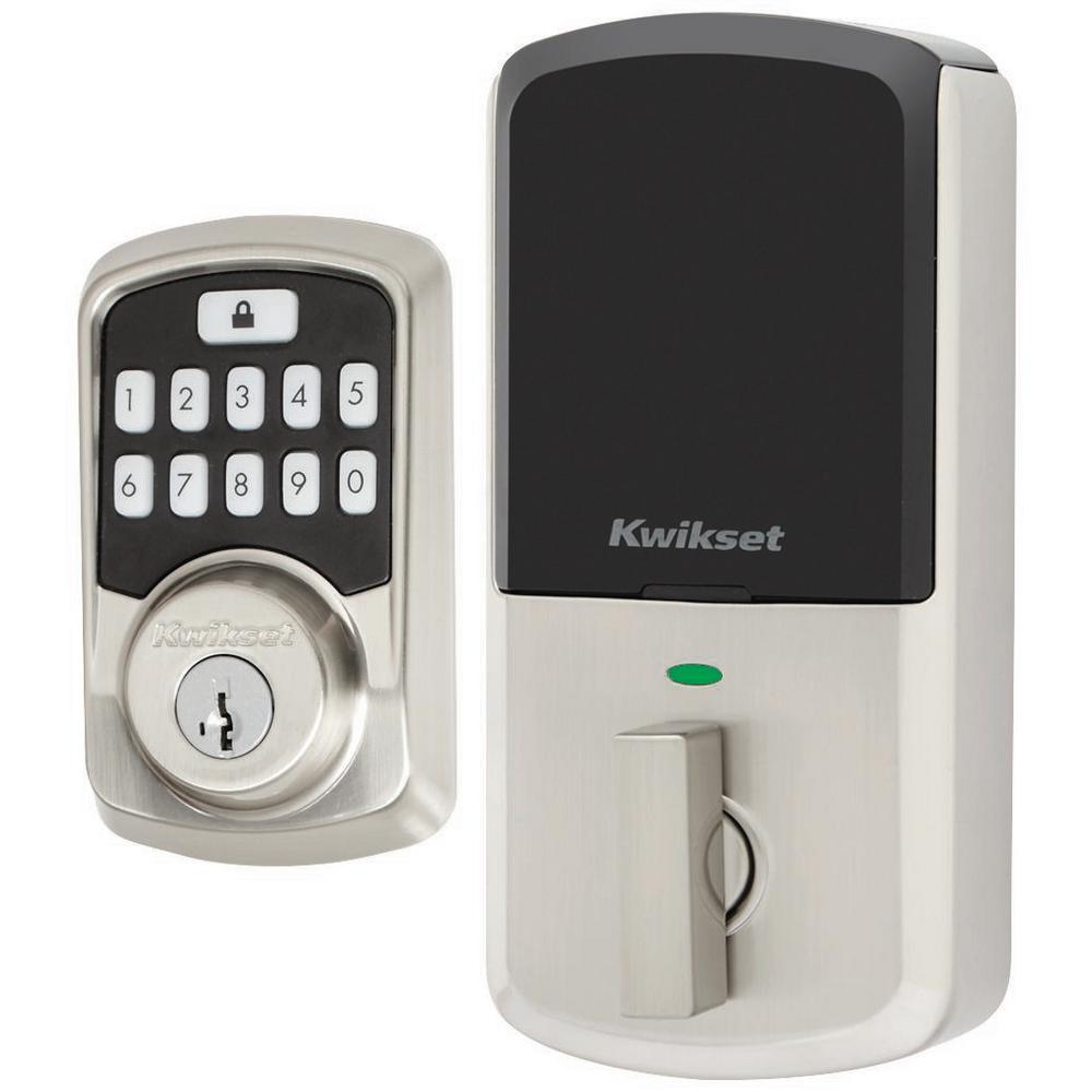 Aura Satin Nickel Single Cylinder Electronic Bluetooth Keypad Smart Lock Deadbolt featuring SmartKey Security