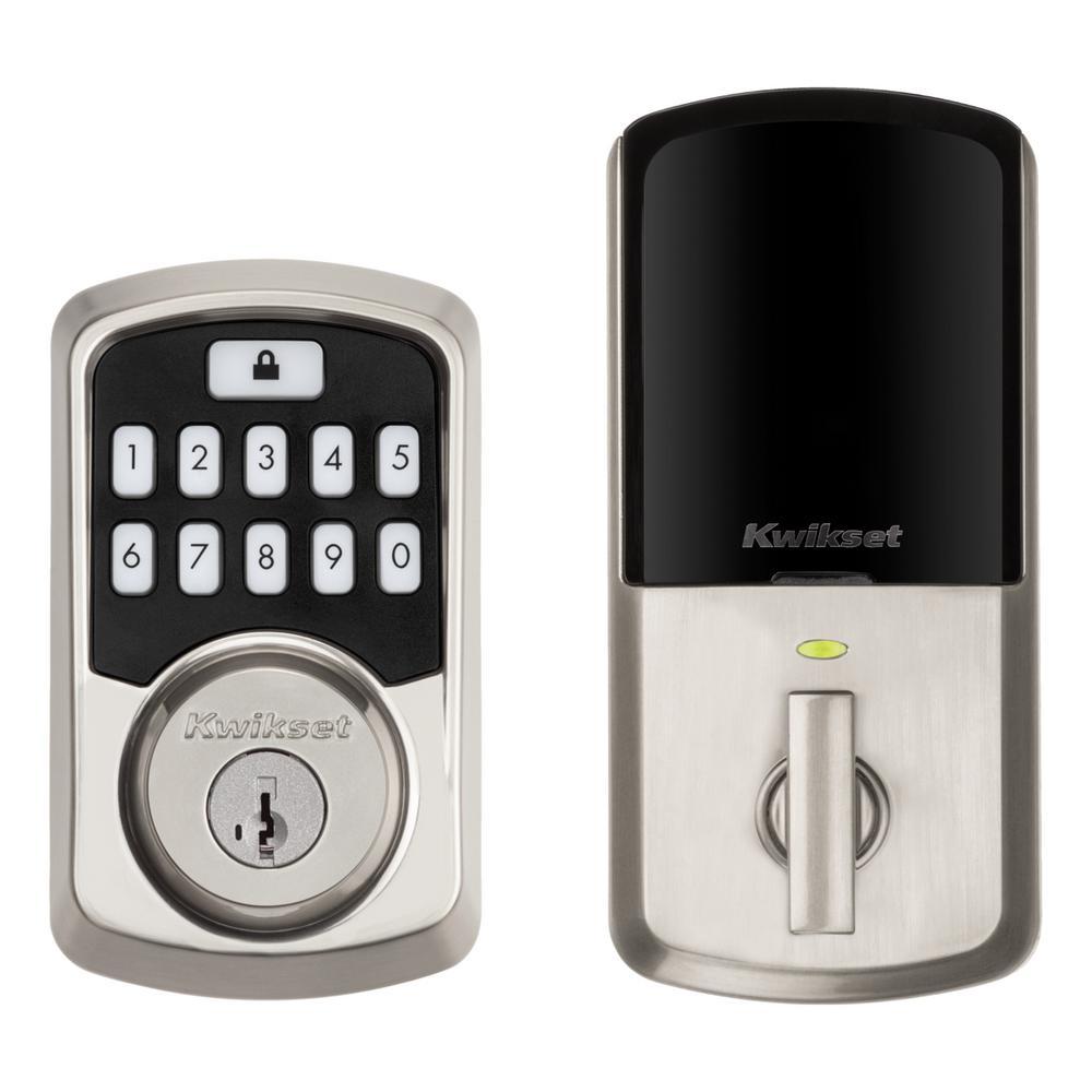 Aura Satin Nickel Single Cylinder Electronic Bluetooth Keypad Smart Lock Deadbolt featuring SmartKey Security