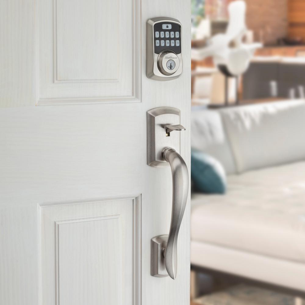 Aura Satin Nickel Single Cylinder Electronic Bluetooth Keypad Smart Lock Deadbolt featuring SmartKey Security