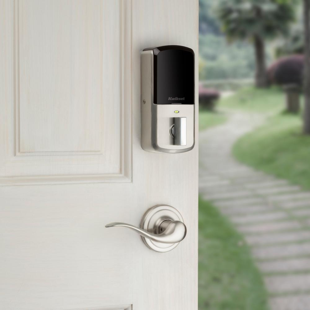 Aura Satin Nickel Single Cylinder Electronic Bluetooth Keypad Smart Lock Deadbolt featuring SmartKey Security