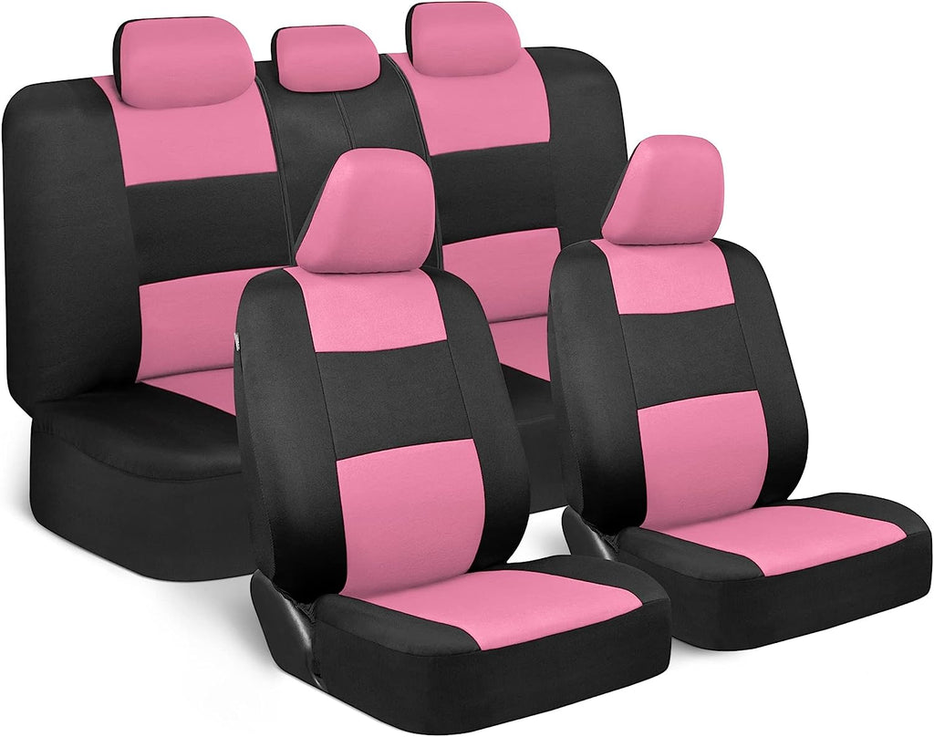 BDK PolyPro Car Seat Covers Full Set in Pink on Black – Front and Rear Split Bench Seat Covers for Cars, Easy to Install Car Seat Cover Set, Car Accessories for Auto Trucks Van SUV