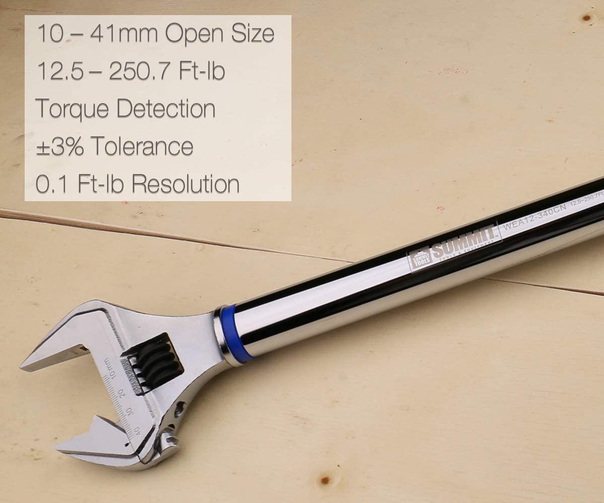 Summit Tools Adjustable Digital Torque Wrench, 12.5 to 250.7 ft-lb. Torque Range, 10-41 mm Adjustable Jaw, Set Target Torque, Buzzer and LED Indicator, LarLCD Display, Calibrated (WEA12-340CN)