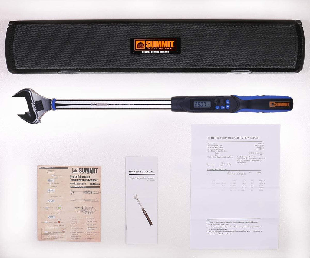 Summit Tools Adjustable Digital Torque Wrench, 12.5 to 250.7 ft-lb. Torque Range, 10-41 mm Adjustable Jaw, Set Target Torque, Buzzer and LED Indicator, LarLCD Display, Calibrated (WEA12-340CN)