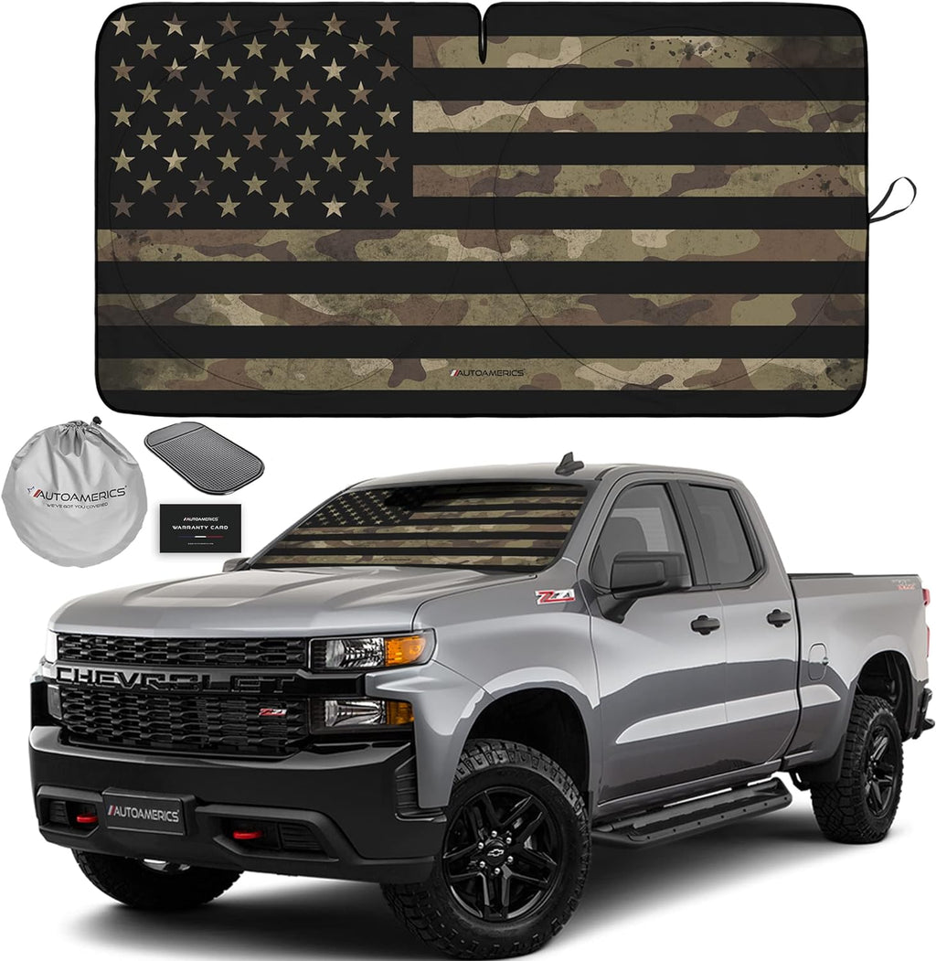 Autoamerics 1-Piece Windshield Sun Shade Dark Camo American Flag USA  - Foldable Car Front Window Sunshade for Most Sedans SUV Truck - Blocks Max UV Rays and Keeps Your Vehicle Cool - Large