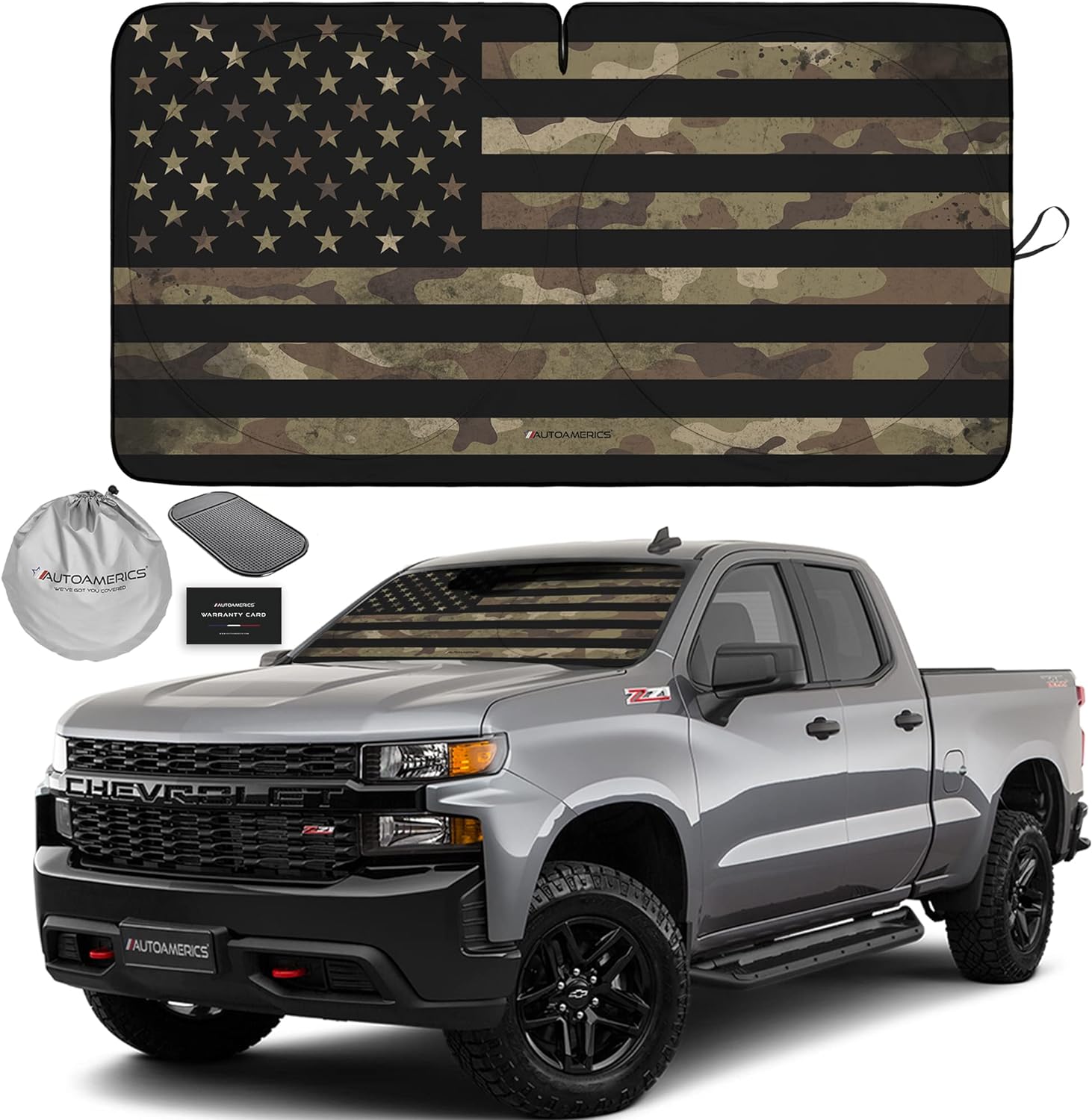 Autoamerics 1-Piece Windshield Sun Shade Dark Camo American Flag USA  - Foldable Car Front Window Sunshade for Most Sedans SUV Truck - Blocks Max UV Rays and Keeps Your Vehicle Cool - Large