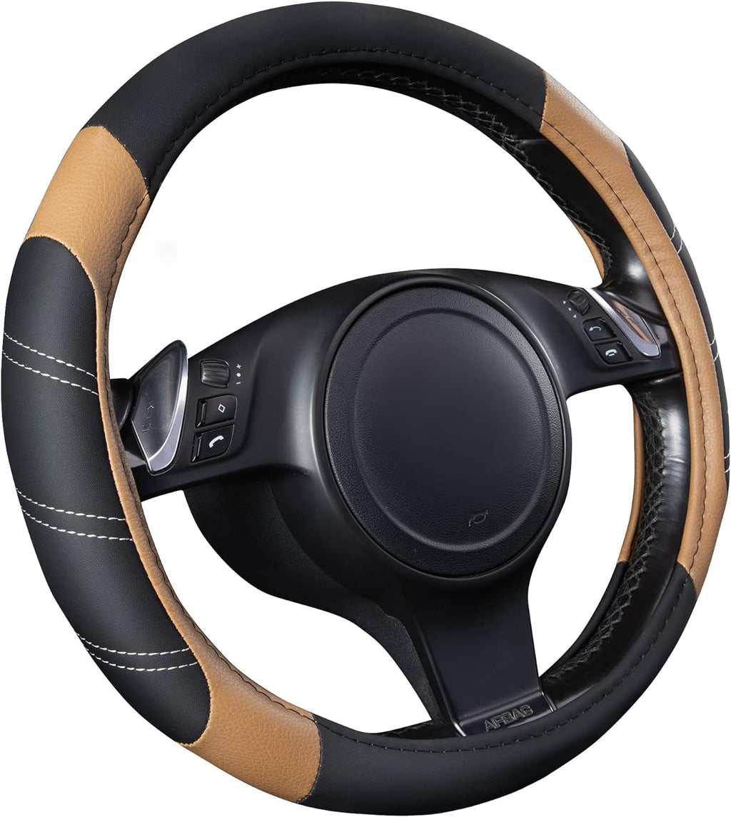 CAR PASS Line Rider Microfiber Leather Sporty Steering Wheel Cover Universal Fits for 95% Truck,SUV,Cars, Anti-Slip Safety Comfortable Desgin (Black Beige)