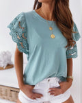 Casual Soild Eyelet Contrast Sleeve T-shirt