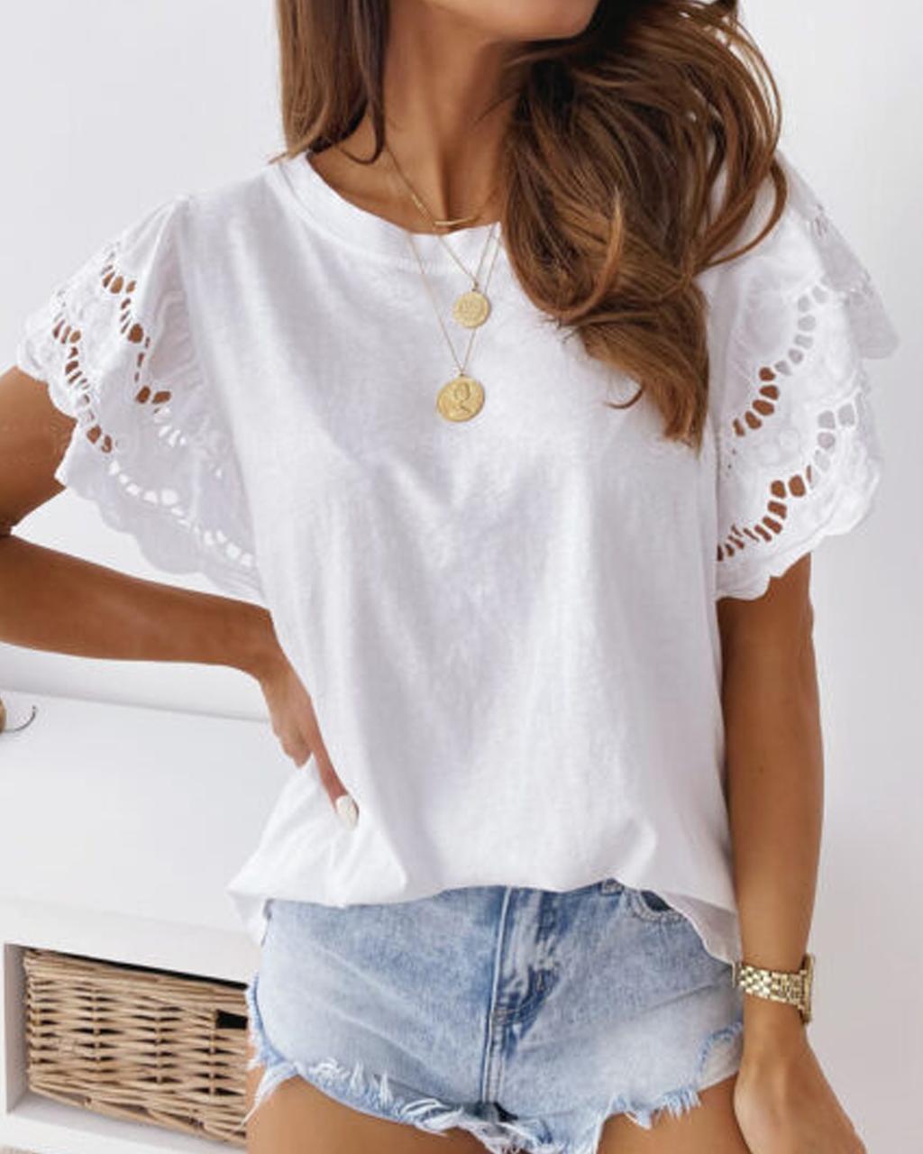 Casual Soild Eyelet Contrast Sleeve T-shirt