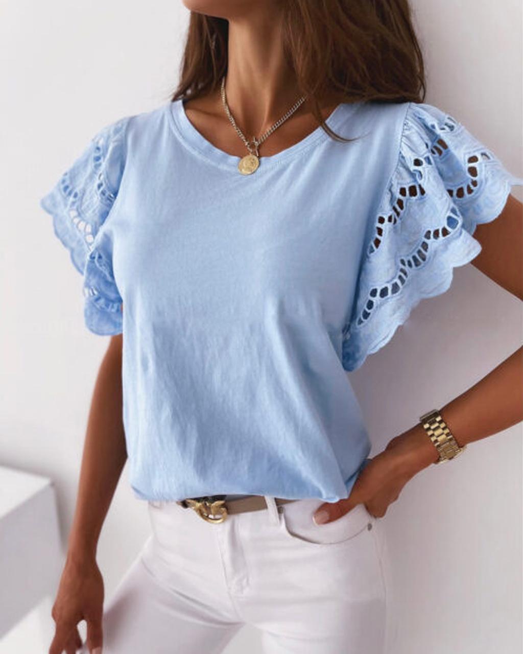 Casual Soild Eyelet Contrast Sleeve T-shirt
