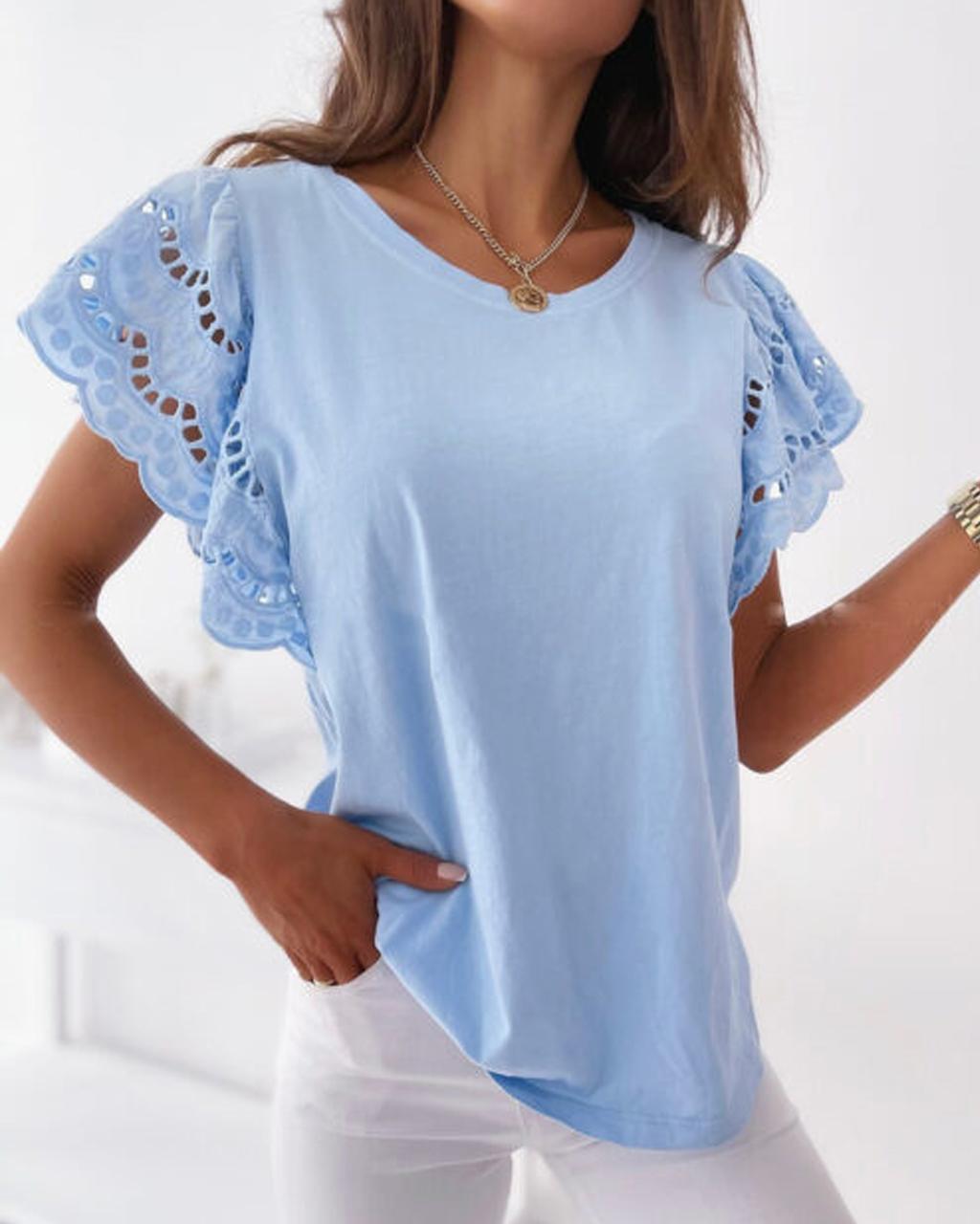 Casual Soild Eyelet Contrast Sleeve T-shirt
