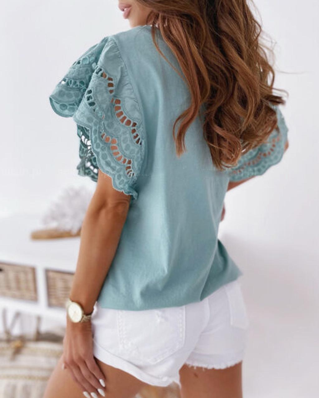 Casual Soild Eyelet Contrast Sleeve T-shirt