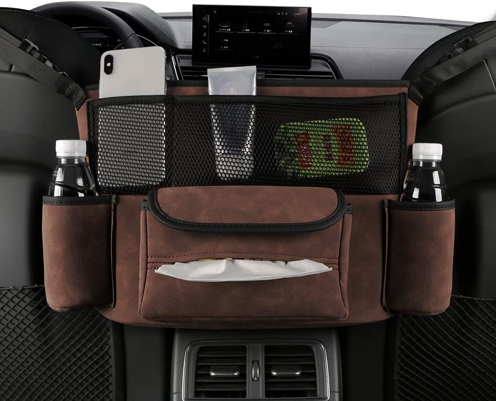 JEYODA Car Handbag Holder Between Seats Suede Large Capacity Car Purse Holder Automotive Consoles &amp; Organizers for Document Phone Storage Car Organizer (1925-style 2 brown)