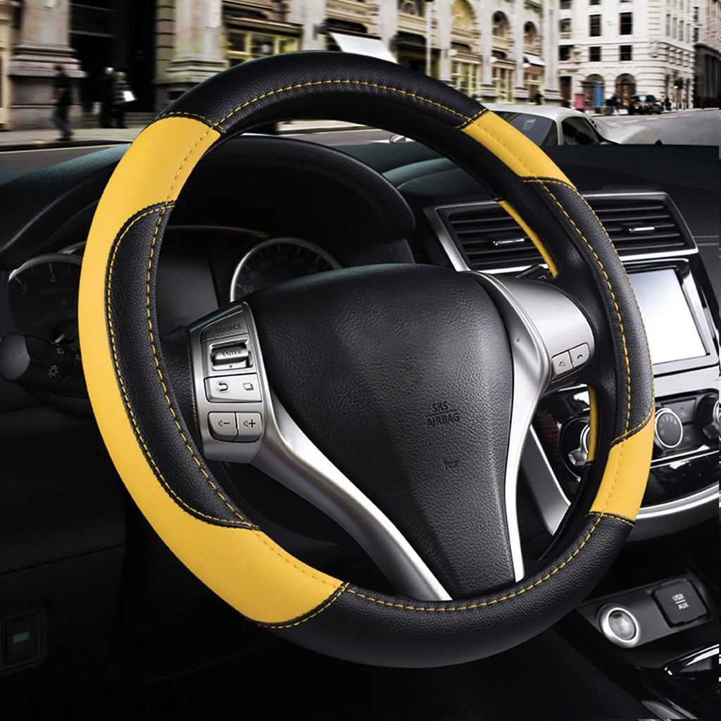 Leather Car Steering Wheel Cover, Non-Slip Car Wheel Cover Protector Breathable Microfiber Leather Universal Fit for Most Cars (Black&amp;Yellow)