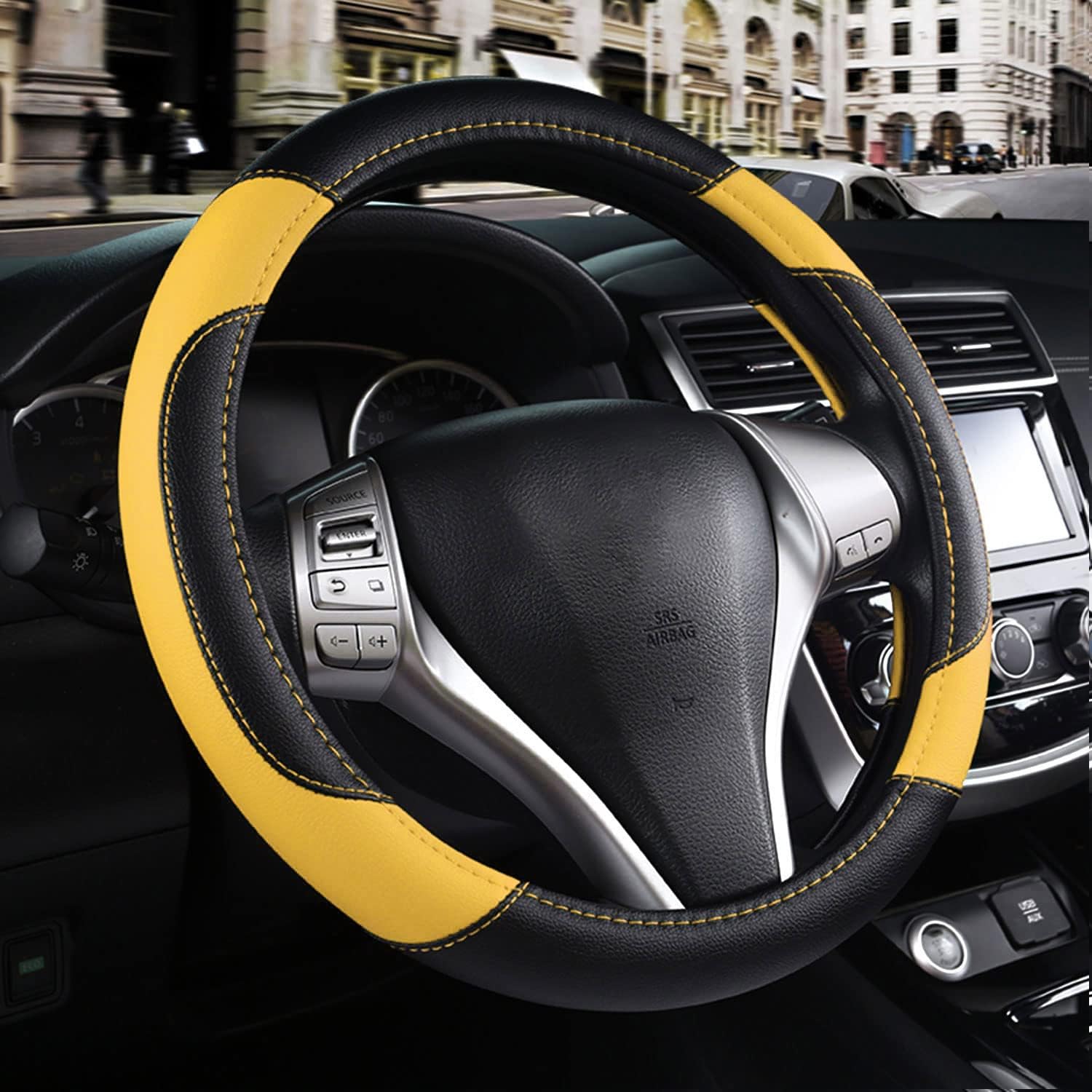 Leather Car Steering Wheel Cover, Non-Slip Car Wheel Cover Protector Breathable Microfiber Leather Universal Fit for Most Cars (Black&amp;Yellow)