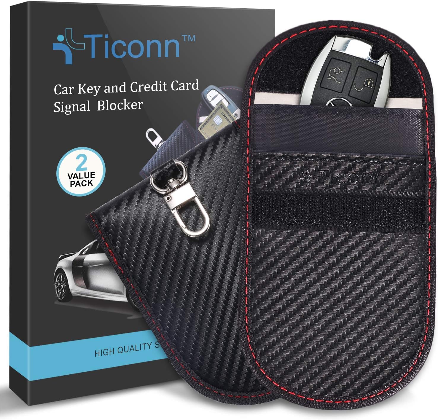 Faraday Bag for Key Fob (2 Pack), TICONN Faraday Cage Protector - Car RFID Signal Blocking, Anti-Theft Pouch, Anti-Hacking Case Blocker (Carbon Fiber Texture)