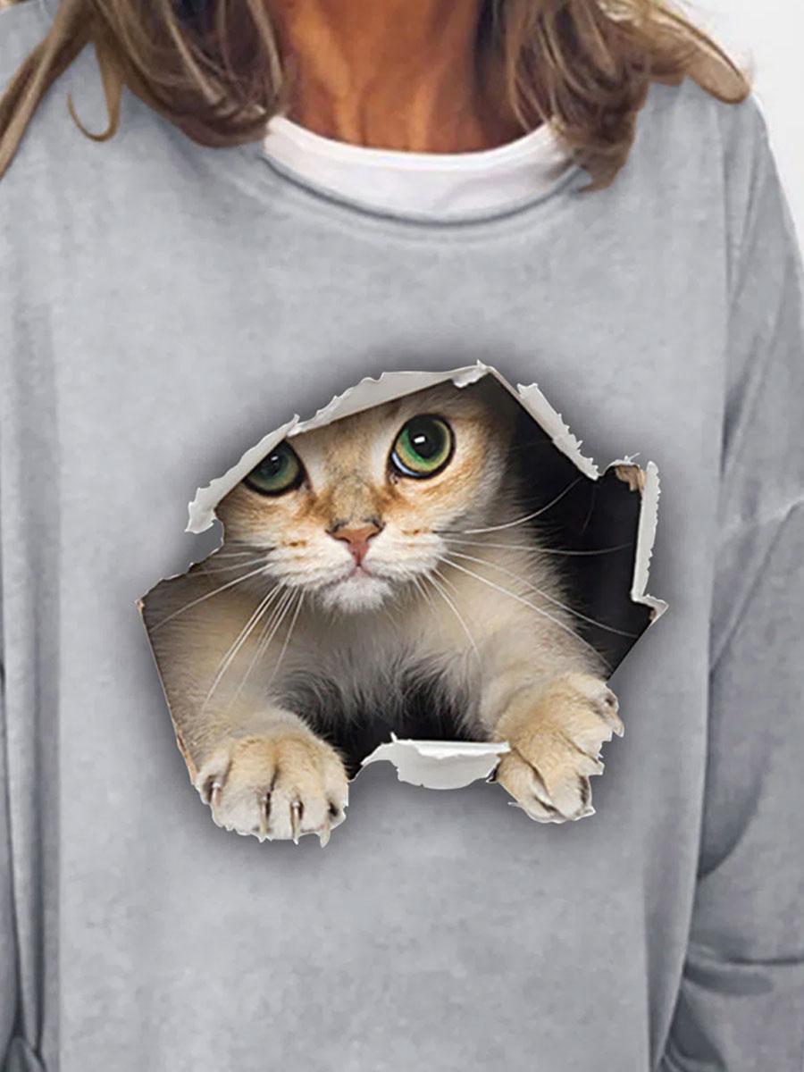 Round Neck Cat Print Loose Stitching Pullover Sweatshirt