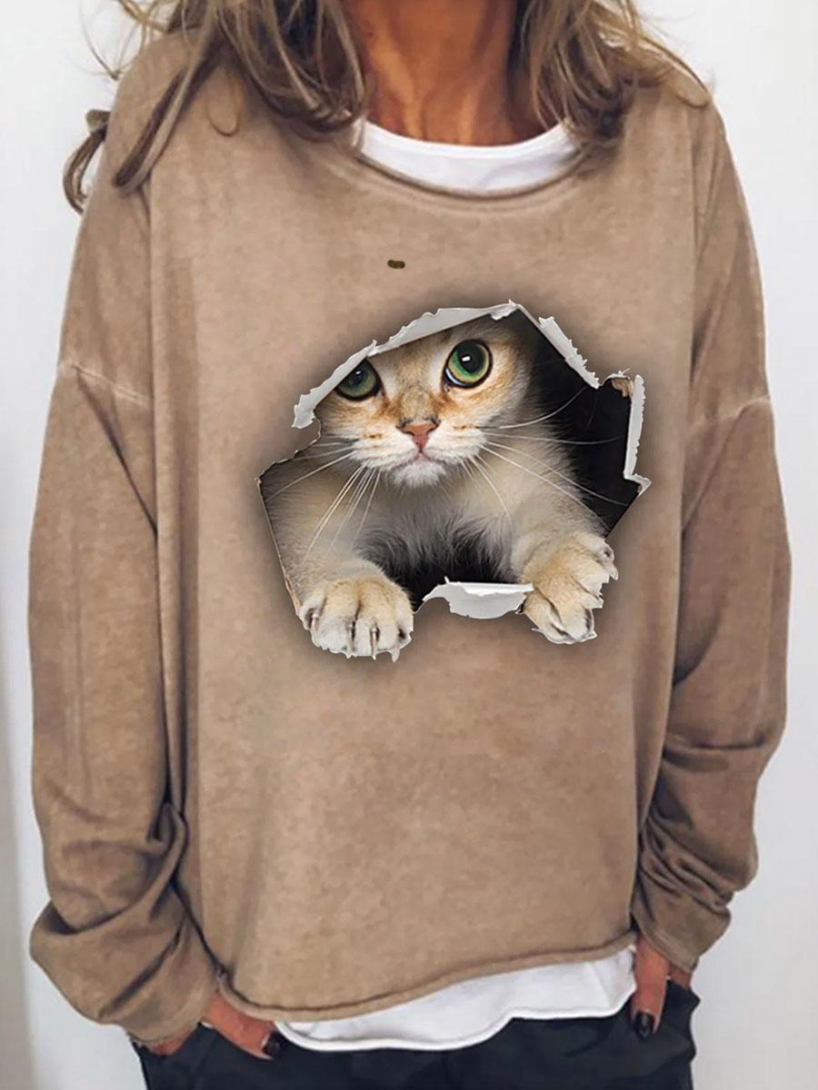 Round Neck Cat Print Loose Stitching Pullover Sweatshirt