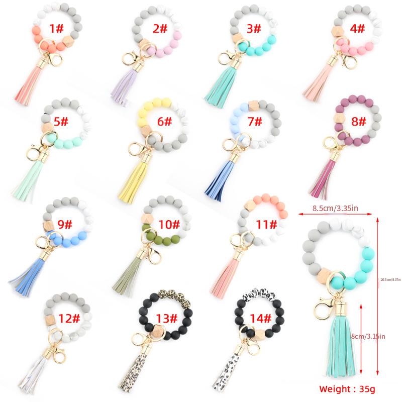 Silicone Beaded Bracelet Keychain, Key Ring Bangle Wristlet Keychain With Faux Leather Tassel For Women/Girls