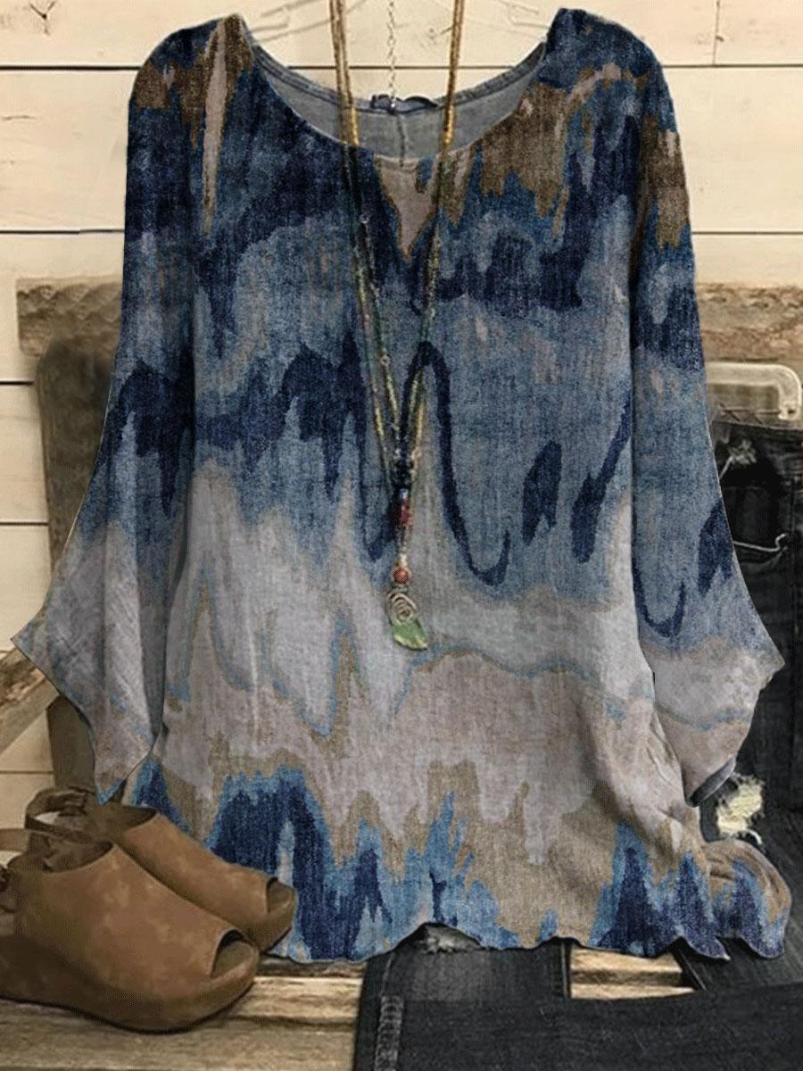Round Neck Gradient Print Casual Loose Long-sleeved Blouse