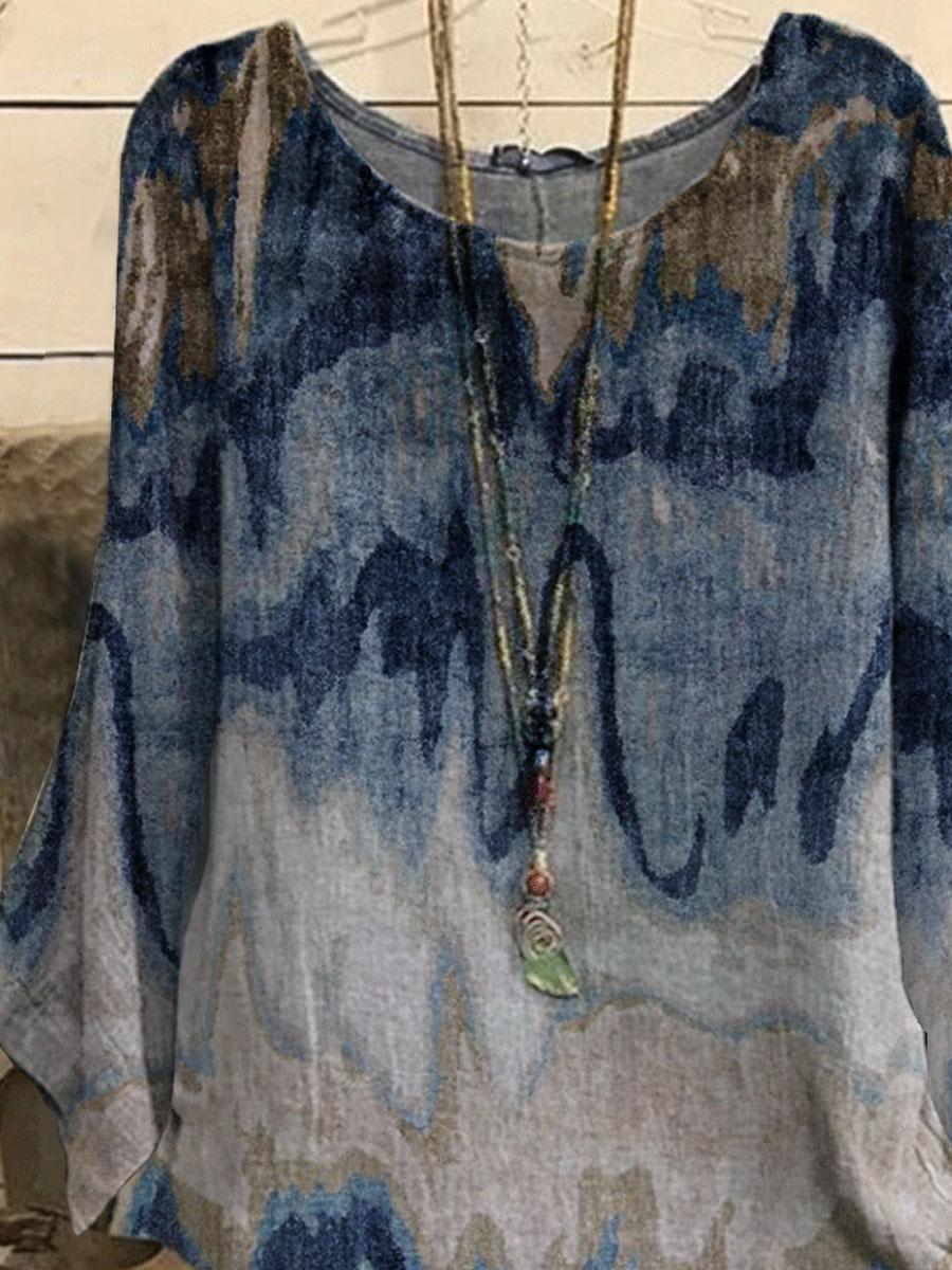 Round Neck Gradient Print Casual Loose Long-sleeved Blouse