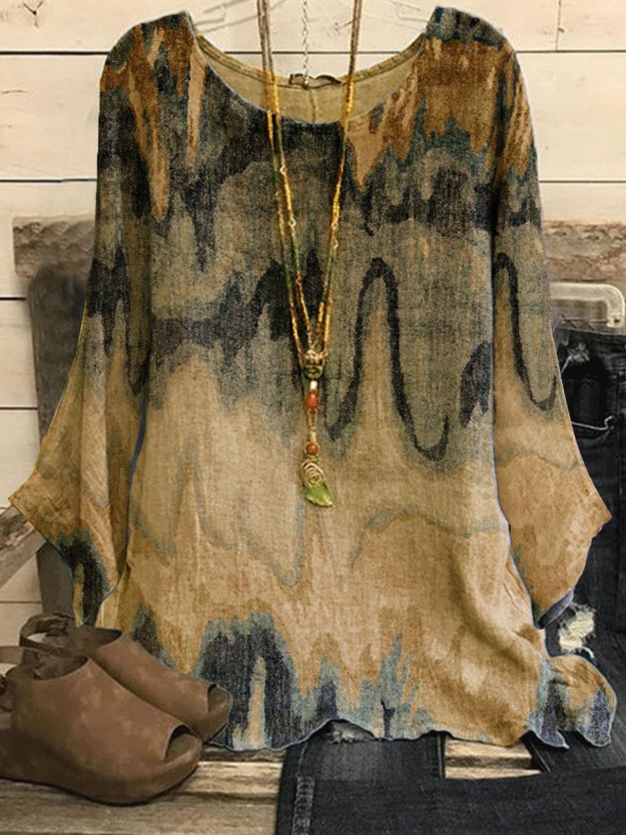 Round Neck Gradient Print Casual Loose Long-sleeved Blouse