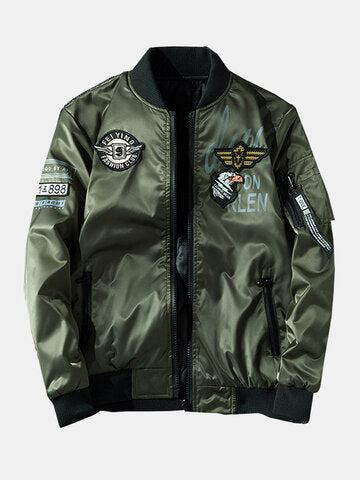 mens letter print applique zip front baseball collar casual double-faced jackets