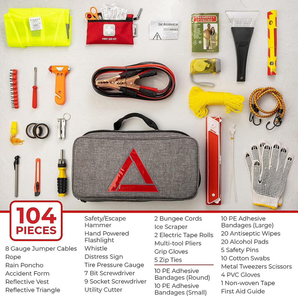 Thrive Roadside Emergency Car Kit - Car Safety Accessories and Tool Kit with Jumper Cables and Mini First Aid Kit - Car Emergency Kit for Women and Men (Gray Bag)