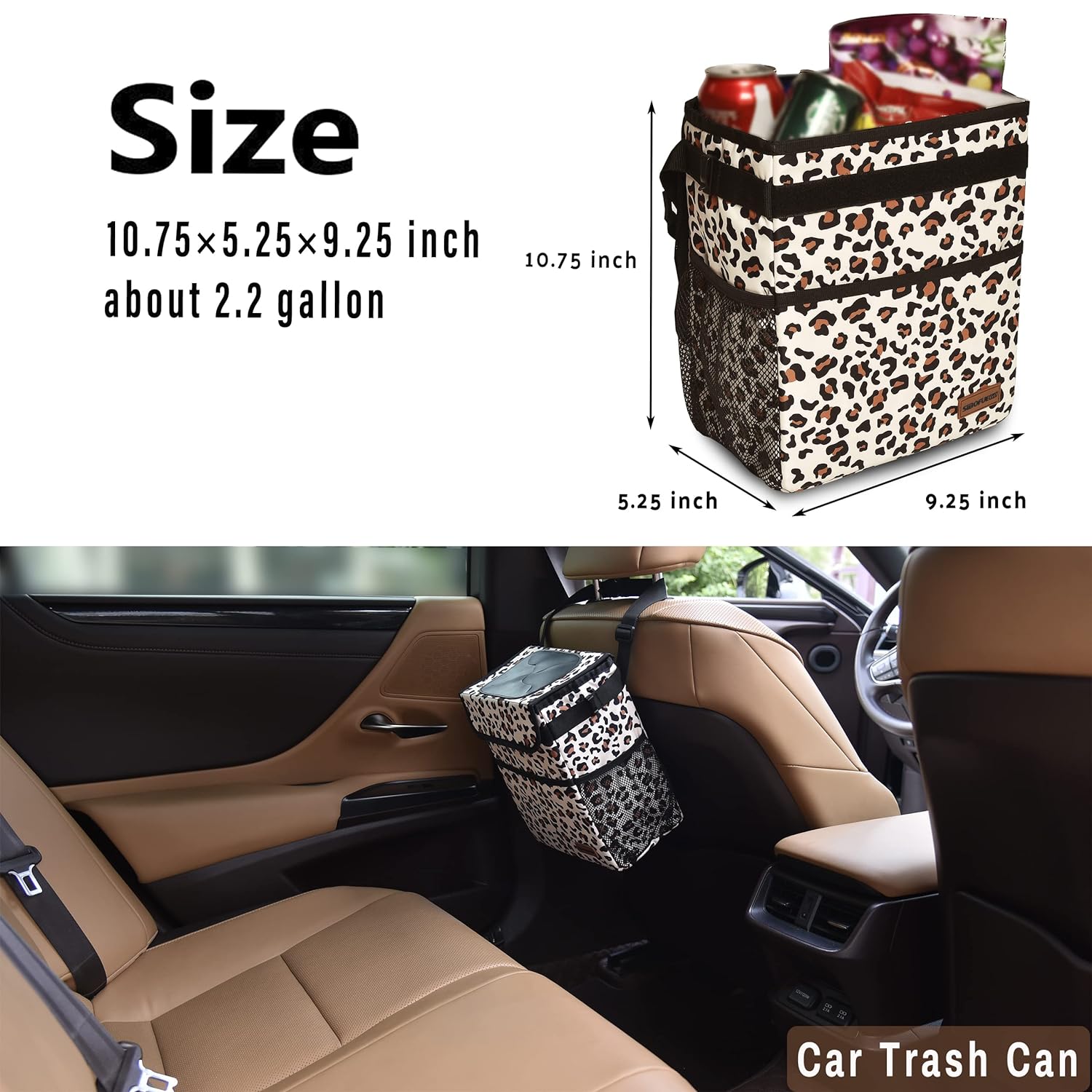 SIBOFUEGO Cute Car Trash Can with Lid - Leak Proof Car Trash Bag Hanging Waterproof Car Garbage Can with Storage Pockets Multipurpose Collapsible Car Organizer (Leopard Print)
