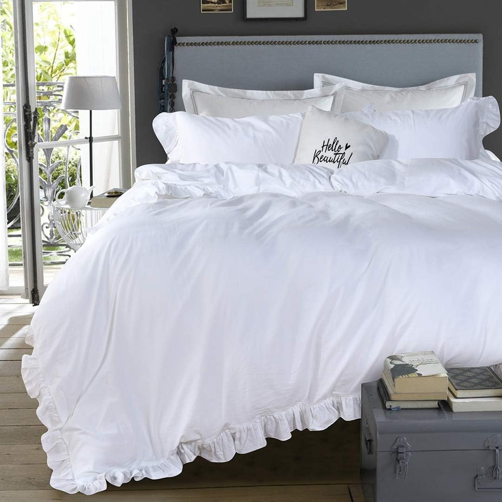 QSH White Ruffle Twin Duvet Cover,Washed Cotton Shabby Boho Chic Farmhouse Bedding Comforter Cover 3 Pieces Kids Duvet Quilt Cover Twin Ultra Soft Aesthetic Cute Girls Teen kids Bedding