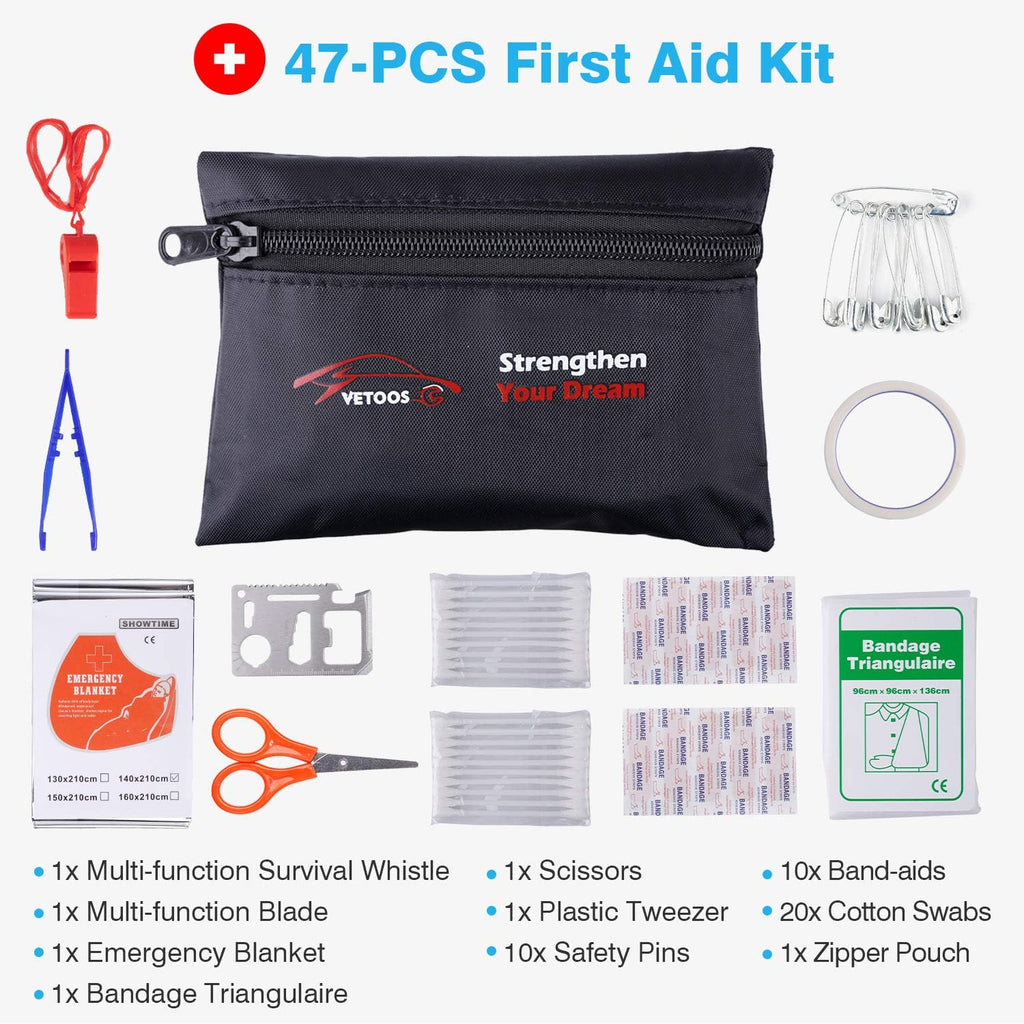 Vetoos Car Roadside Emergency Kit with Jumper Cables, Auto Vehicle Safety Road Side Assistance Kits, Winter Car Kit Essentials for Women and Men, with Car Repair Tool Set, Folding Survival Shovel