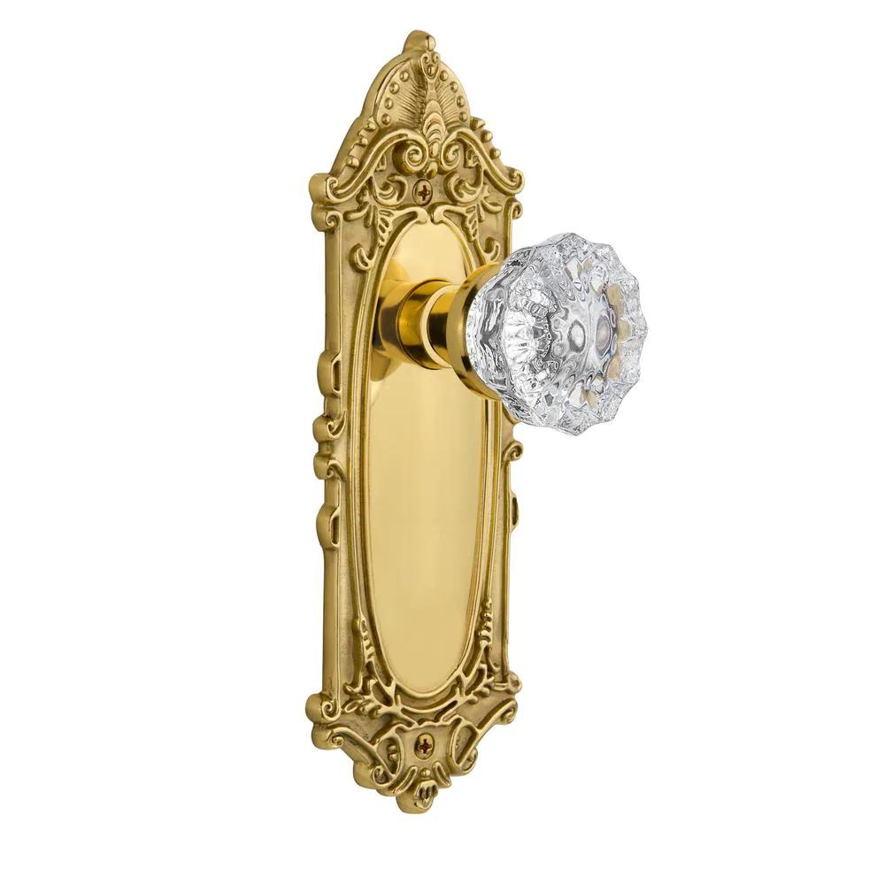 Victorian Plate Double Dummy Crystal Glass Door Knob in Polished Brass