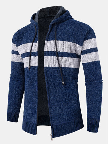 mens wide striped knit zip up plush lined thick hooded cardigans