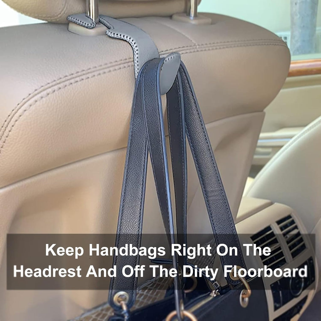 EldHus Seat Hooks for Purses and Bags, 2 Pack Car Purse Holder for Grocery Bag Handbag Clothes, Metal Headrest Hooks Covered by Leather, Grey