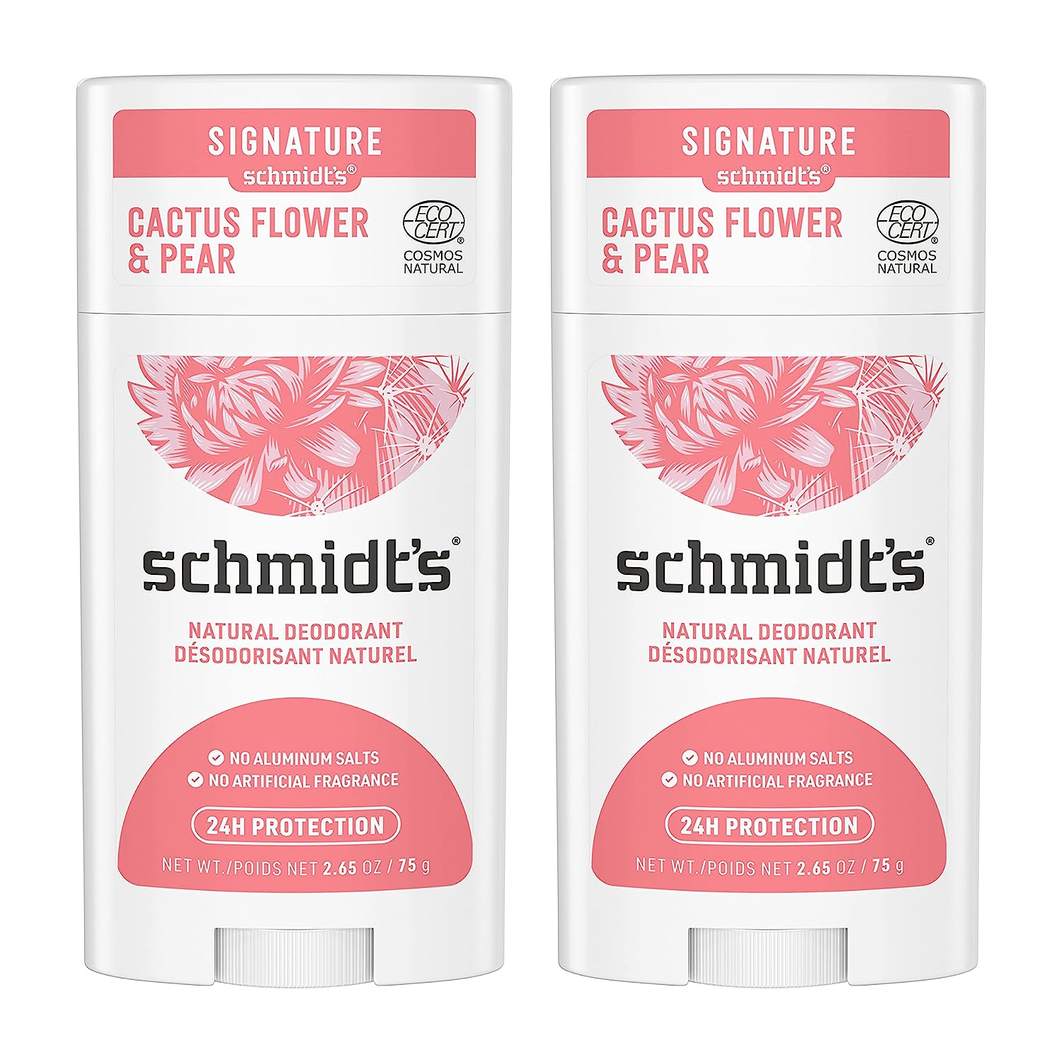 Schmidt's 100% Natural Origin Ingredient Deodorant Stick Cactus Flower &amp; Pear 2 Count for 24-Hour Odor Protection 2.65 oz