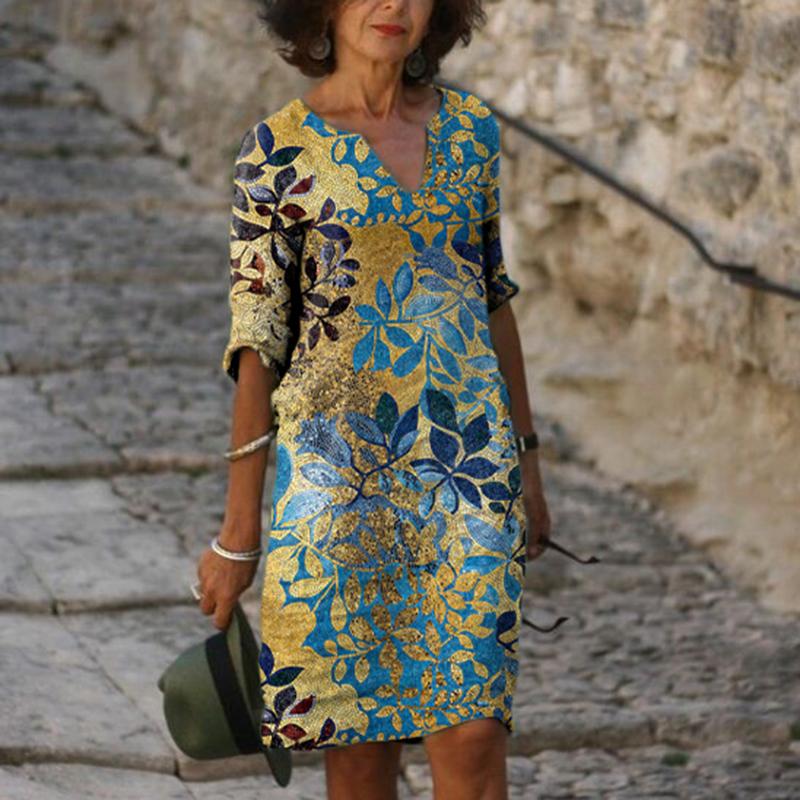 Fashion V-neck short-sleeved leaf print dress